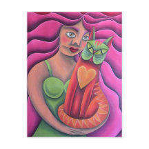 Chica y su gato verde pintura oleo arte