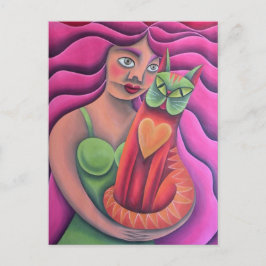 Chica y su gato verde pintura oleo arte ポストカード