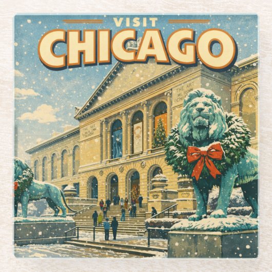 Chicago Art Institute in winter poster ガラスコースター (正面)