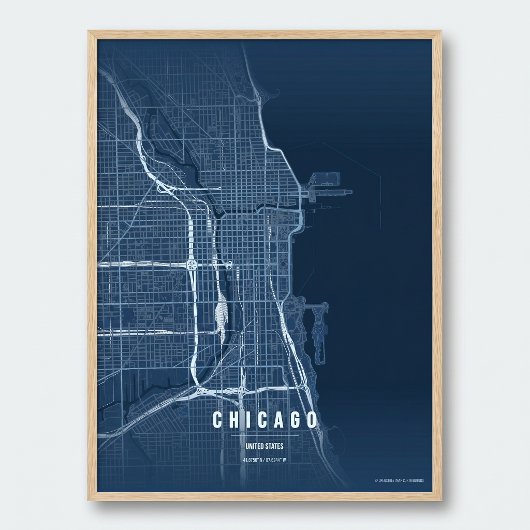 Chicago Blue Map Print Wall art Poster Gift Idea ポスター