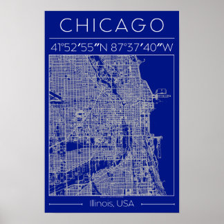 Chicago Blueprint City Map Poster Blue Minimalist ポスター