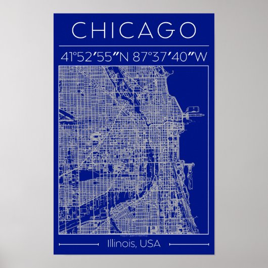 Chicago Blueprint City Map Poster Blue Minimalist ポスター (正面)
