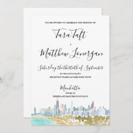 Chicago City Skyline Watercolor Wedding Invitation 招待状