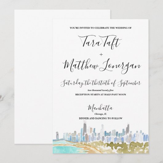 Chicago City Skyline Watercolor Wedding Invitation 招待状 (正面/裏面)