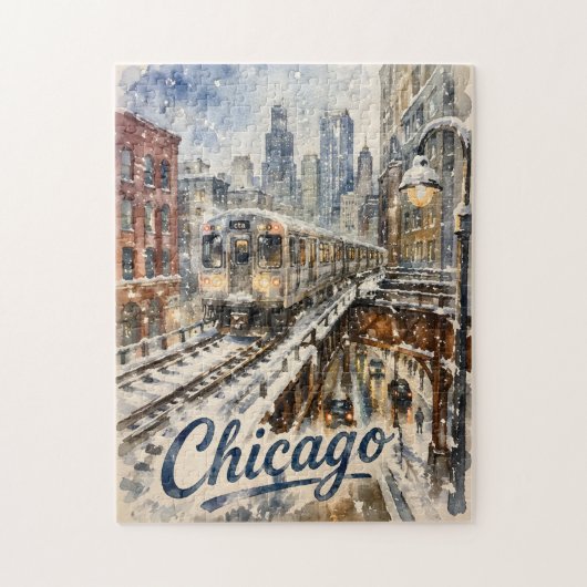 Chicago El Train in the Winter Snow ジグソーパズル (縦)