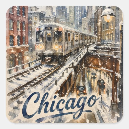 Chicago El Train in the Winter Snow スクエアシール (正面)