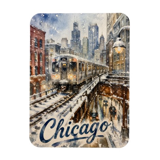 Chicago El Train in the Winter Snow マグネット (縦)