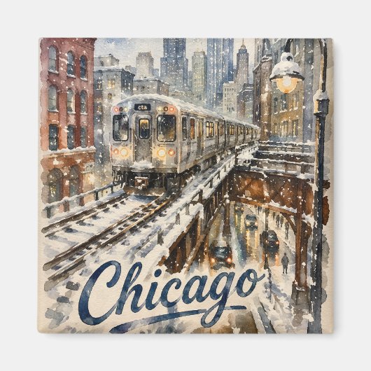 Chicago El Train in the Winter Snow マグネット (正面)