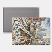 Chicago El Train in the Winter Snow マグネット (正面/裏面)