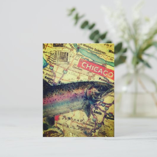 Chicago Fish Map Mixed Media Collage ポストカード (スタンド正面)