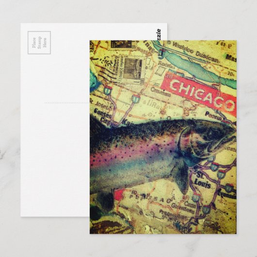 Chicago Fish Map Mixed Media Collage ポストカード (正面/裏面)