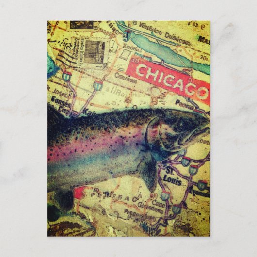 Chicago Fish Map Mixed Media Collage ポストカード (正面)