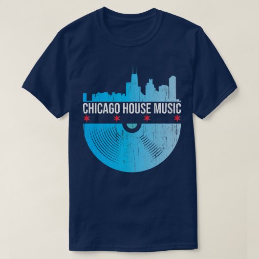 Chicago House Music - Skyline Vinyl Record Dj Rave Tシャツ (デザイン正面)