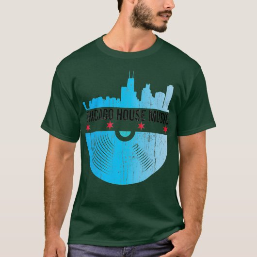 Chicago House Music - Skyline Vinyl Record DJ Tシャツ (正面)