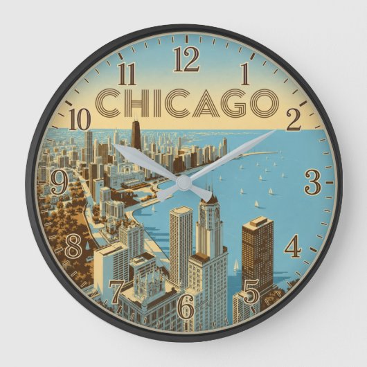 Chicago Illinois Lakefront Skyline ラージ壁時計 (正面)