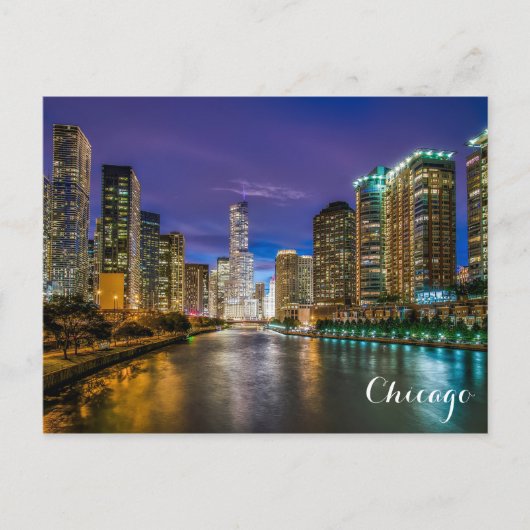 Chicago Illinois River Skyline at Night写真 ポストカード (正面)