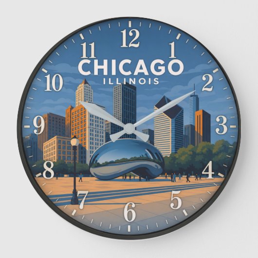 Chicago Illinois Skyline ラージ壁時計 (正面)