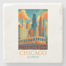 Chicago Illinois Skyline Vintage Art Travel ストーンコースター