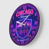 Chicago Illinois Skyline Windy City Neon ラージ壁時計 (傾斜)