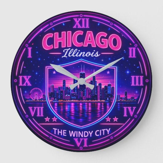 Chicago Illinois Skyline Windy City Neon ラージ壁時計 (正面)