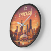 Chicago Illinois Sunset Skyline ラージ壁時計 (傾斜)