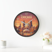 Chicago Illinois Sunset Skyline ラージ壁時計 (ホーム)