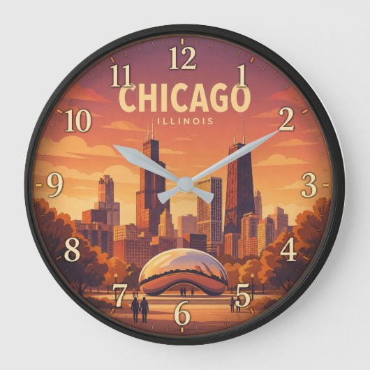 Chicago Illinois Sunset Skyline ラージ壁時計 (正面)