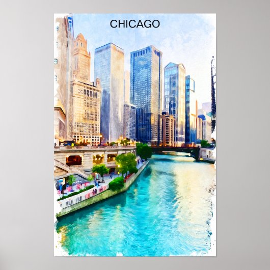 Chicago Illinois Watercolor City View ポスター (正面)