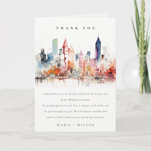 Chicago Illinois Watercolor Landscape Wedding サンキューカード (正面)