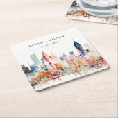 Chicago Illinois Watercolor Landscape Wedding スクエアペーパーコースター (アングル)