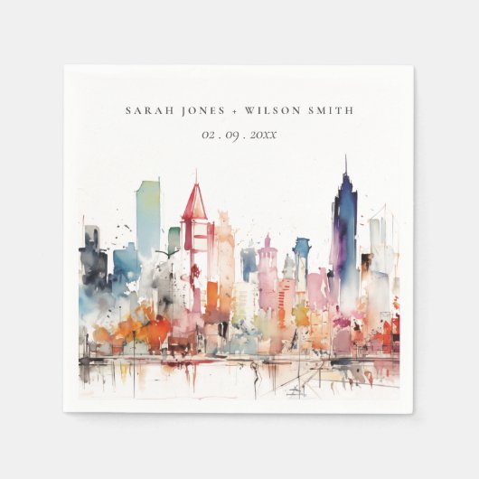 Chicago Illinois Watercolor Landscape Wedding スタンダードカクテルナプキン (正面)