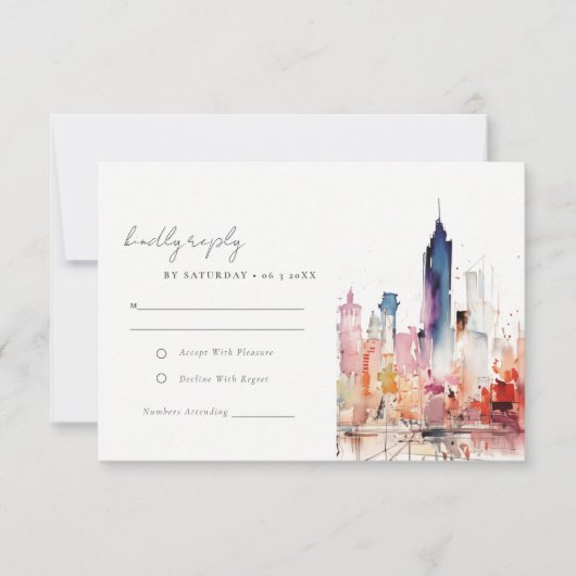 Chicago Illinois Watercolor Landscape Wedding 出欠カード (正面)