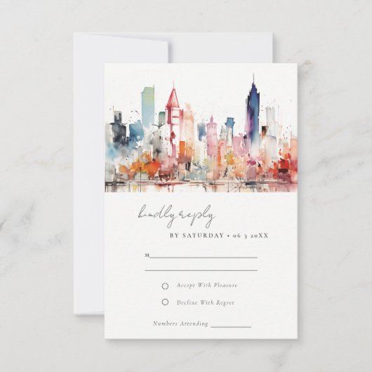 Chicago Illinois Watercolor Landscape Wedding 出欠カード (正面)