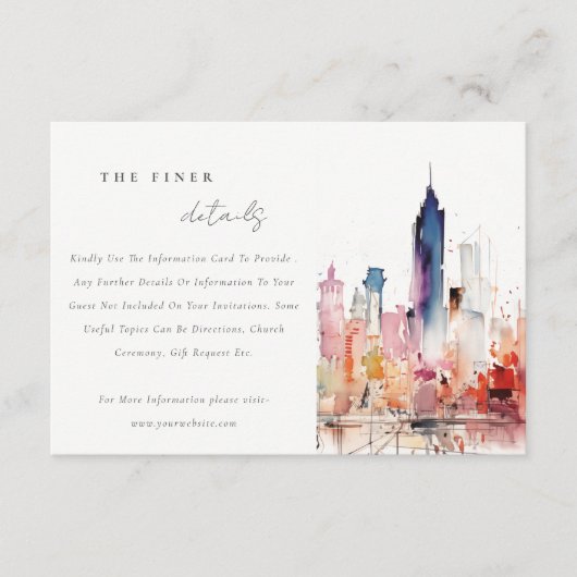 Chicago Illinois Watercolor Scape Wedding Details エンクロージャーカード (正面)