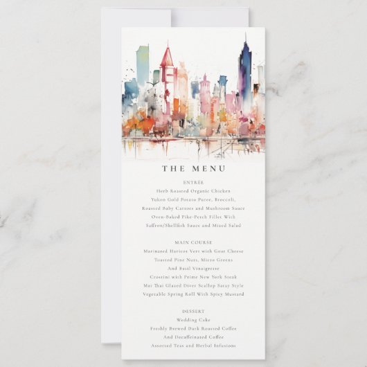Chicago Illinois Watercolor Scape Wedding Menu 招待状 (正面)