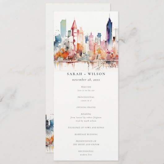 Chicago Illinois Watercolor Scape Wedding Program 招待状 (正面/裏面)