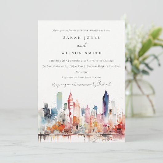 Chicago Illinois Watercolor Scape Wedding Shower 招待状 (スタンド正面)