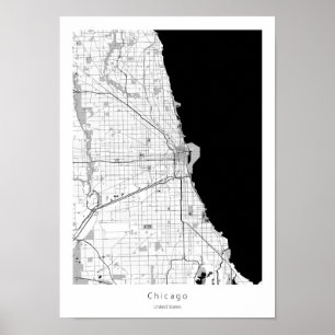 Chicago Modern Minimal Black and White Line Map ポスター