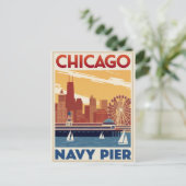 Chicago Navy Pier Skyline Retro ポストカード (スタンド正面)