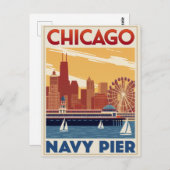 Chicago Navy Pier Skyline Retro ポストカード (正面/裏面)