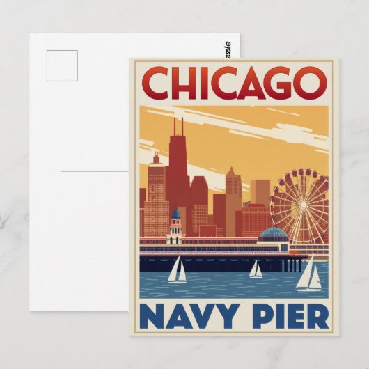 Chicago Navy Pier Skyline Retro ポストカード (正面/裏面)