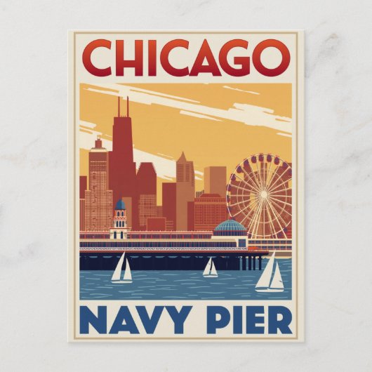 Chicago Navy Pier Skyline Retro ポストカード (正面)