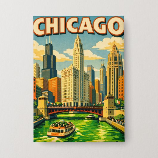 Chicago River Saint Patricks day postcard 缶バッジ (正面)