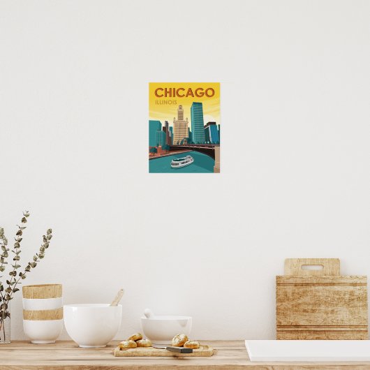 Chicago River Skyline Vintage Travel ポスター (キッチン)