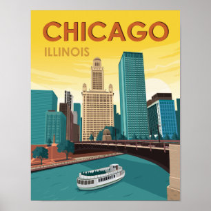 Chicago River Skyline Vintage Travel ポスター