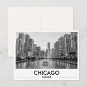 Chicago Riverwalk Black & White Downtown Skyline ポストカード (正面/裏面)