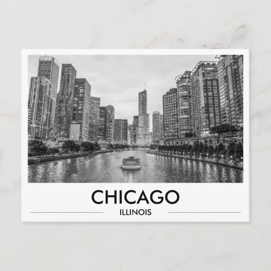Chicago Riverwalk Black & White Downtown Skyline ポストカード (正面)