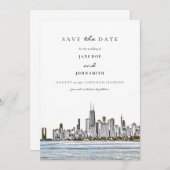 Chicago Skylineフラット日付カードを保存 セーブザデート (正面/裏面)