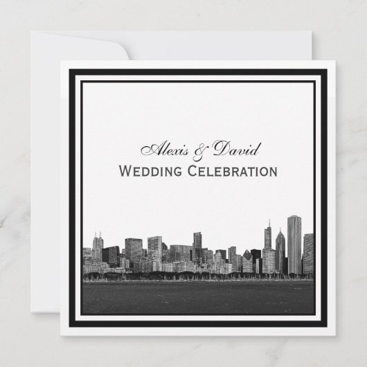 Chicago Skyline エッチング フレーム 結婚式 招待状 (正面)