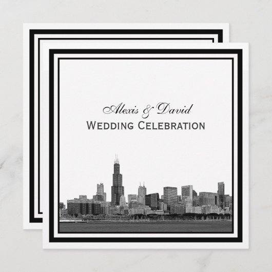 Chicago Skyline #2 Etched Framed 結婚's 招待状 (正面/裏面)